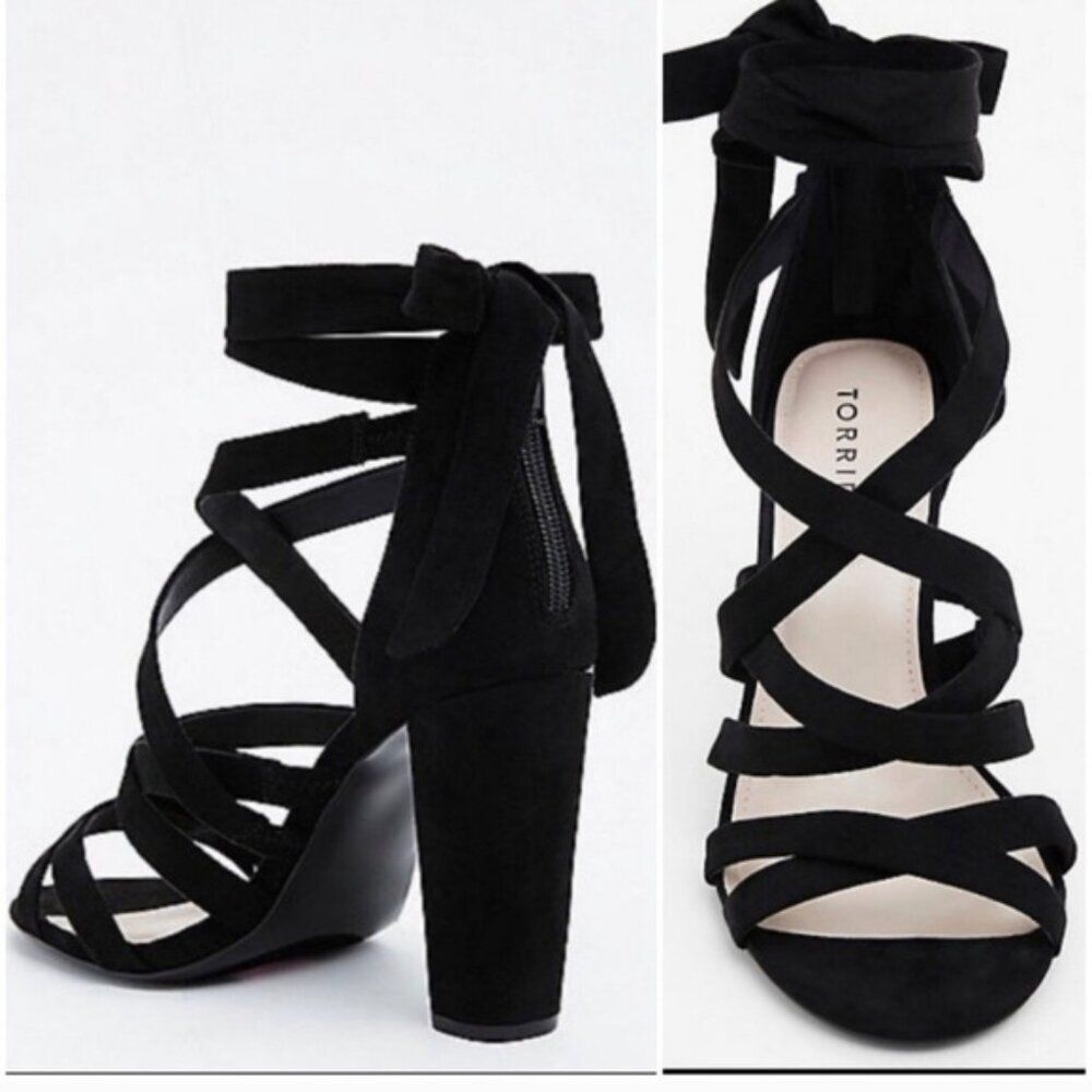 Torrid Black Ankle Wrap Strappy Chunky Heel Sandals Back Zip Size 9 W (Wide)